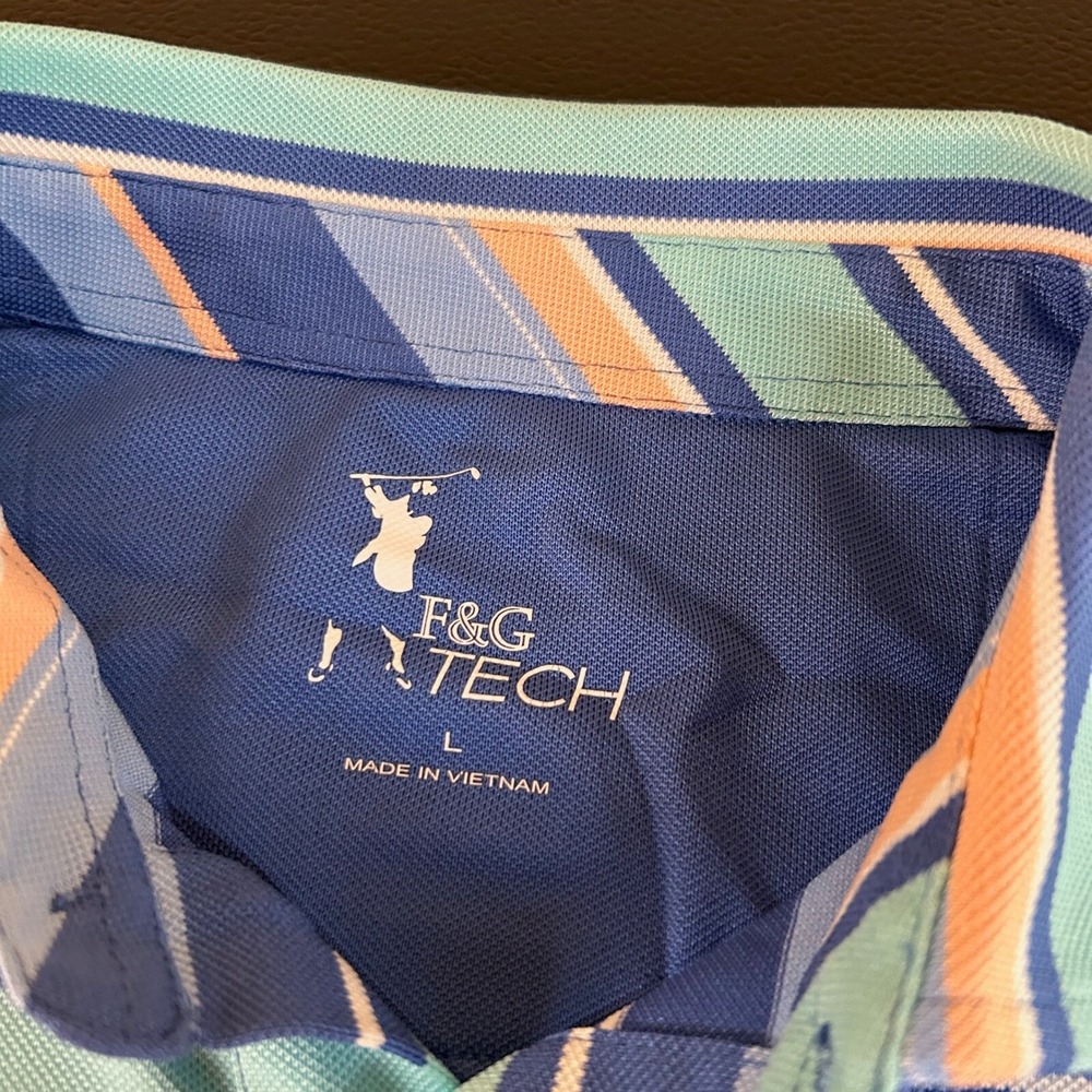 F&G Tech Striped Golf Polo Shirt Mens Large Blue Wicking Stretch